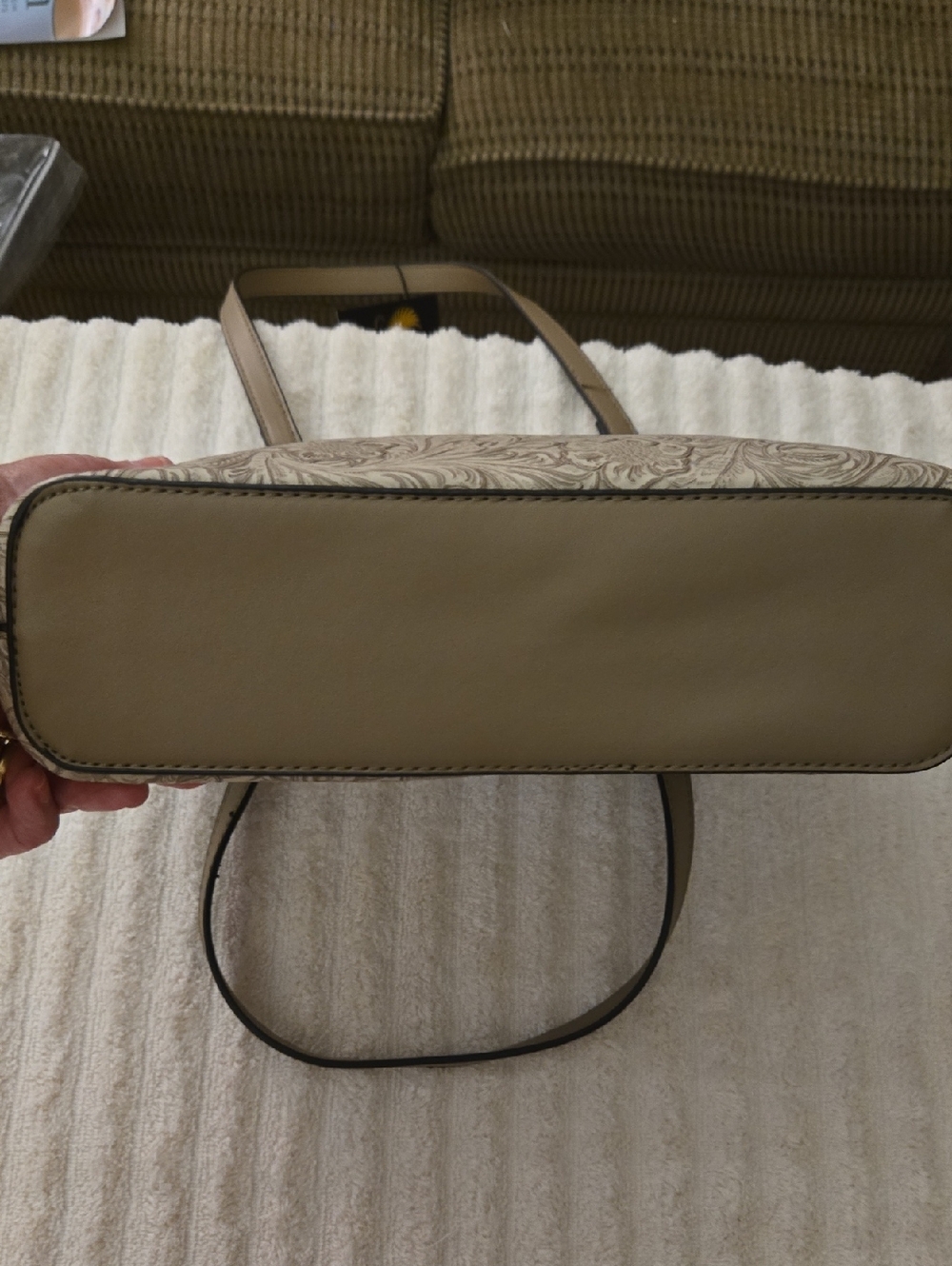 Taupe Floral Embossed Tote with Turquoise Accent - Picture 3 of 4